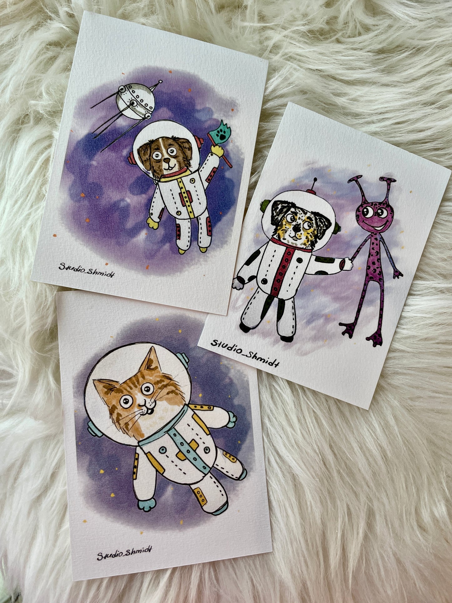 Postkarten-Set „Tiere im Weltall“ (3 Stück) – Astronauten Katze & Hunde